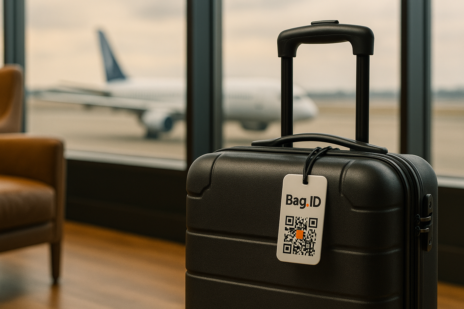 Bag.ID tag beside traveler’s seat overlooking runway.
