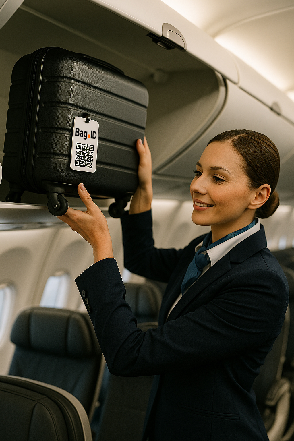 Flight attendant placing a Bag.ID-tagged suitcase into an overhead locker.