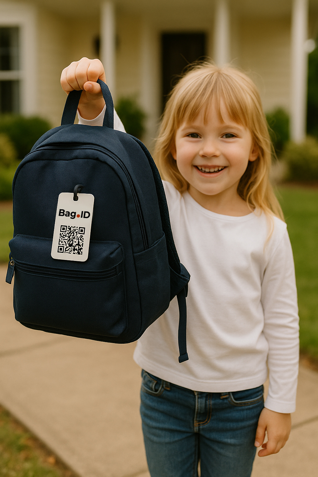 Child proudly holding backpack with Bag.ID tag before traveling.