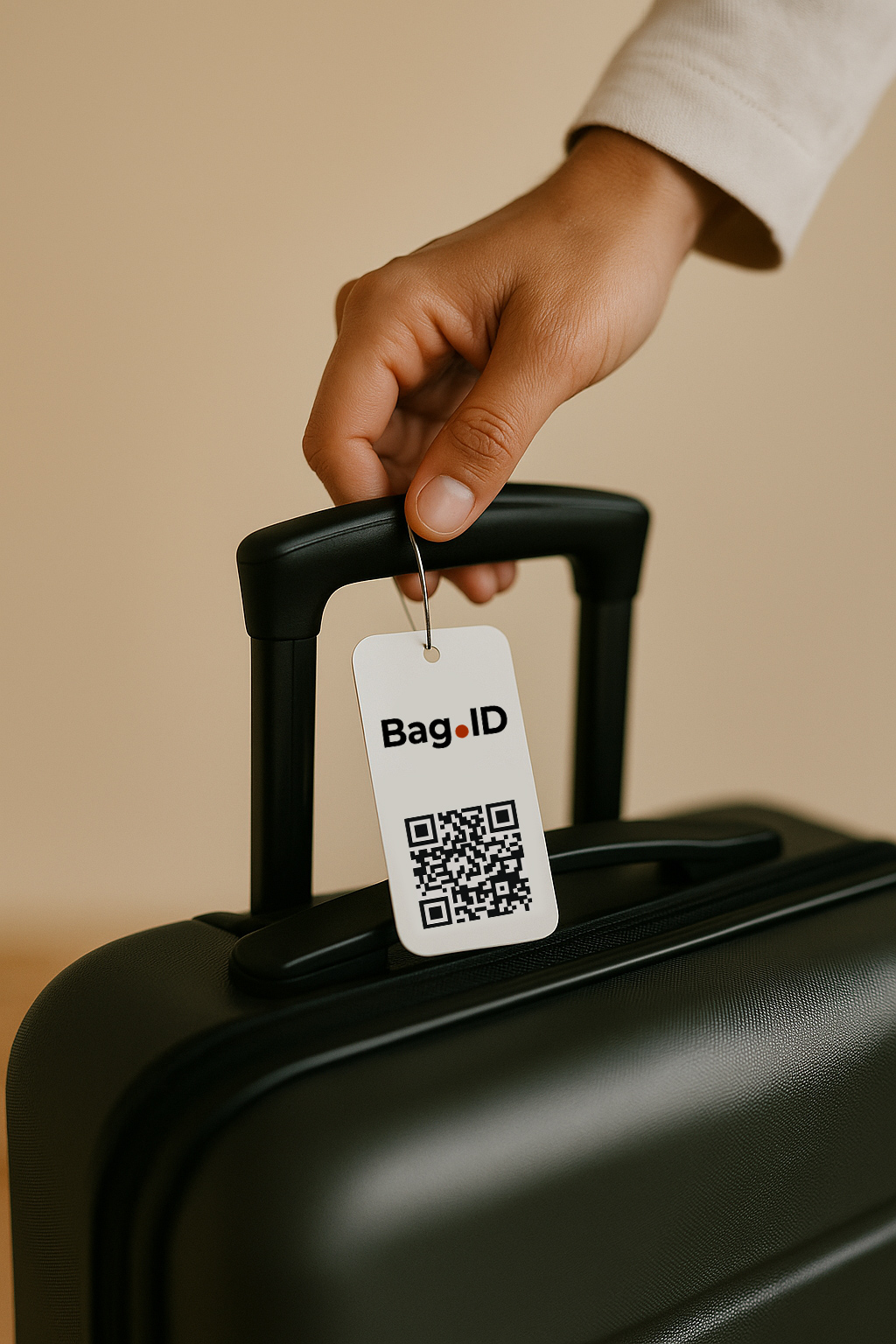 Close-up of a hand holding suitcase handle with Bag.ID tag.