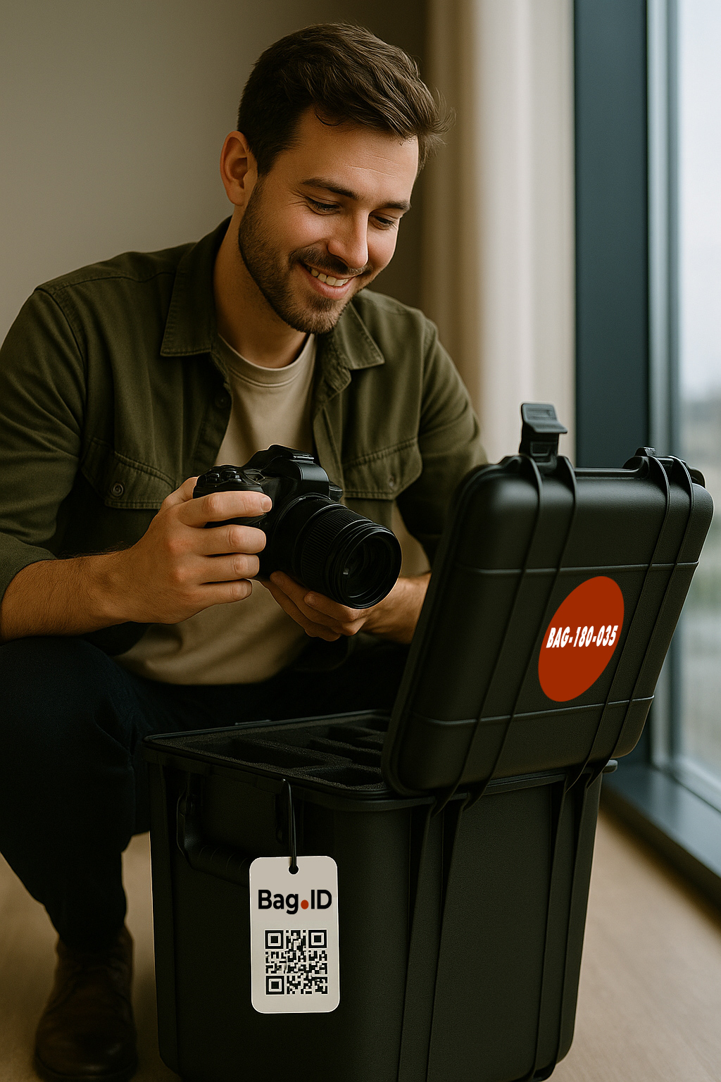 Photographer with open Pelican case showing Bag.ID label.
