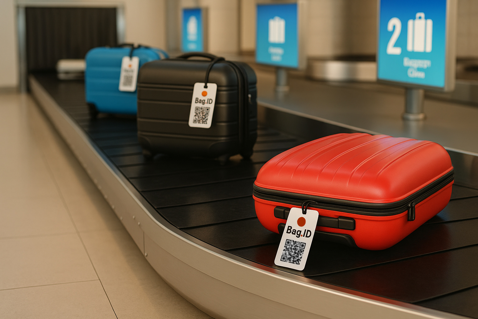 Suitcases with Bag.ID tags arriving at the baggage carousel.