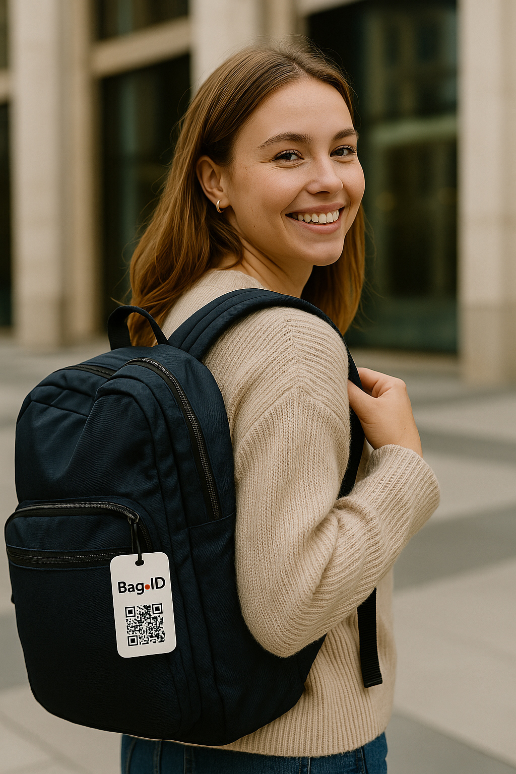 Traveler with a backpack featuring Bag.ID tag resting at a park bench.