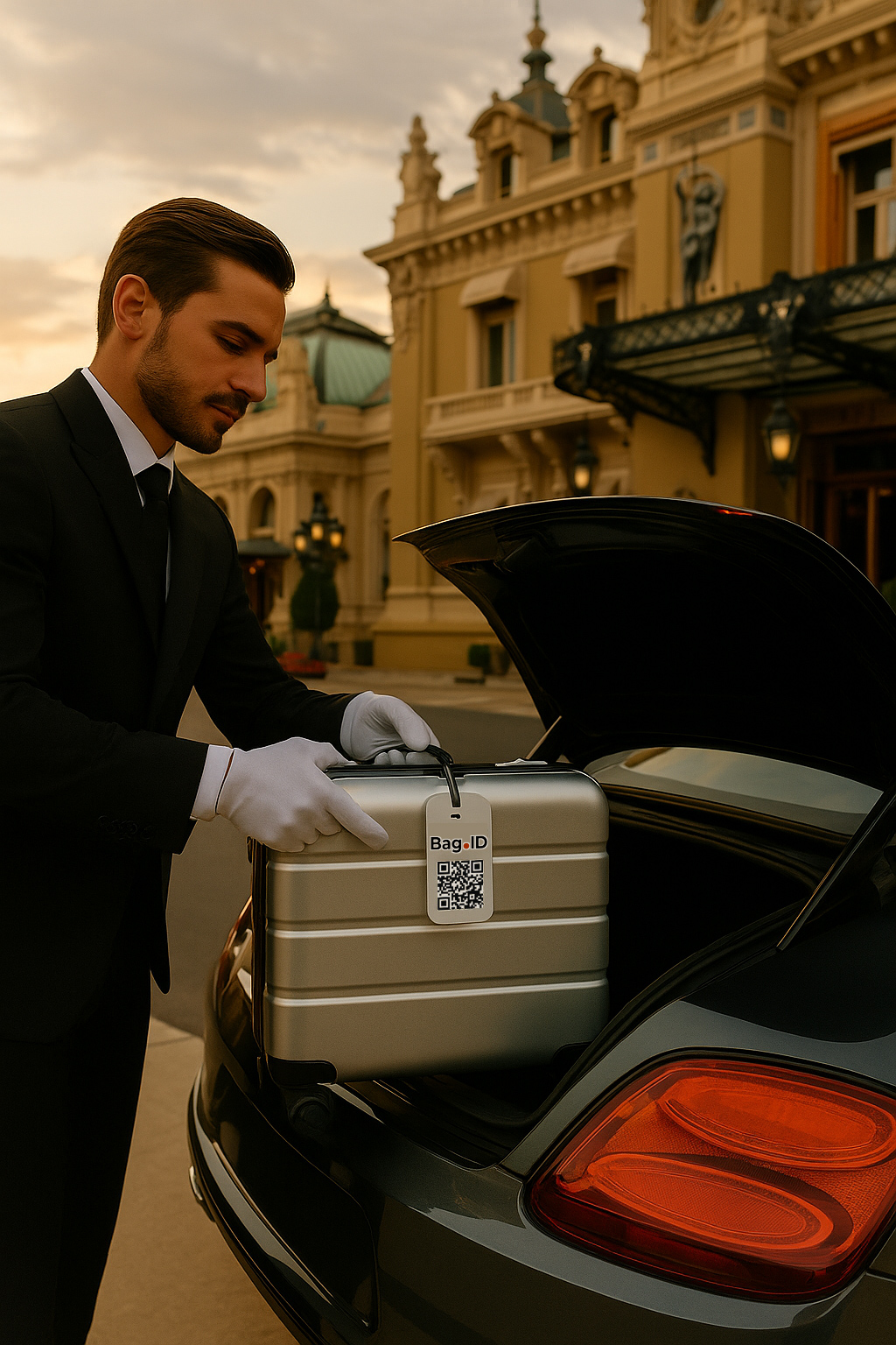 Valet loading a Bag.ID-tagged case into a sports car.