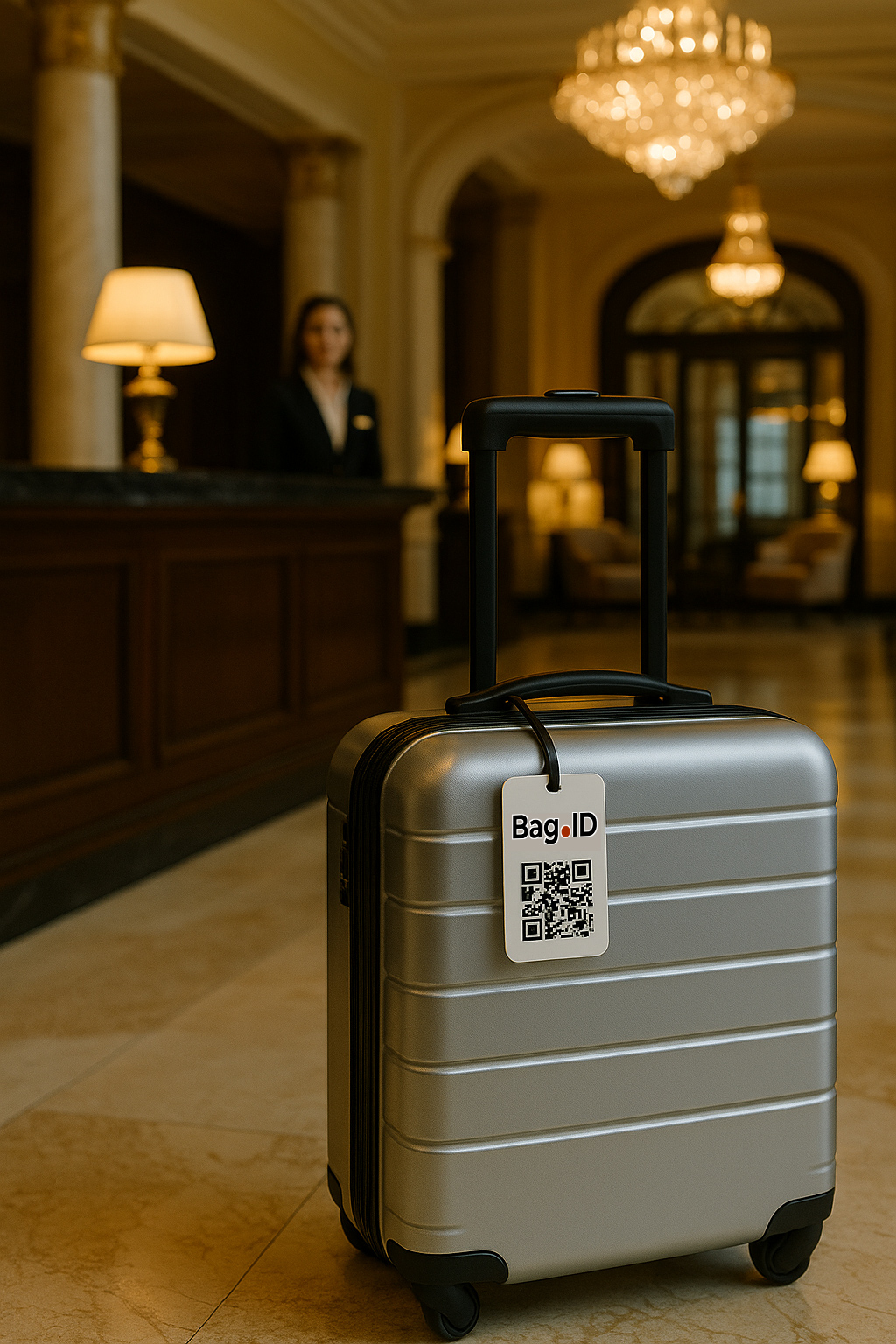 Traveler checking in at hotel with Bag.ID tag on suitcase.